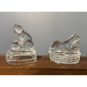 Vintage Avon Crystal Cats Collection 24% Lead Crystal Set of 2 W Ball In‎ Basket